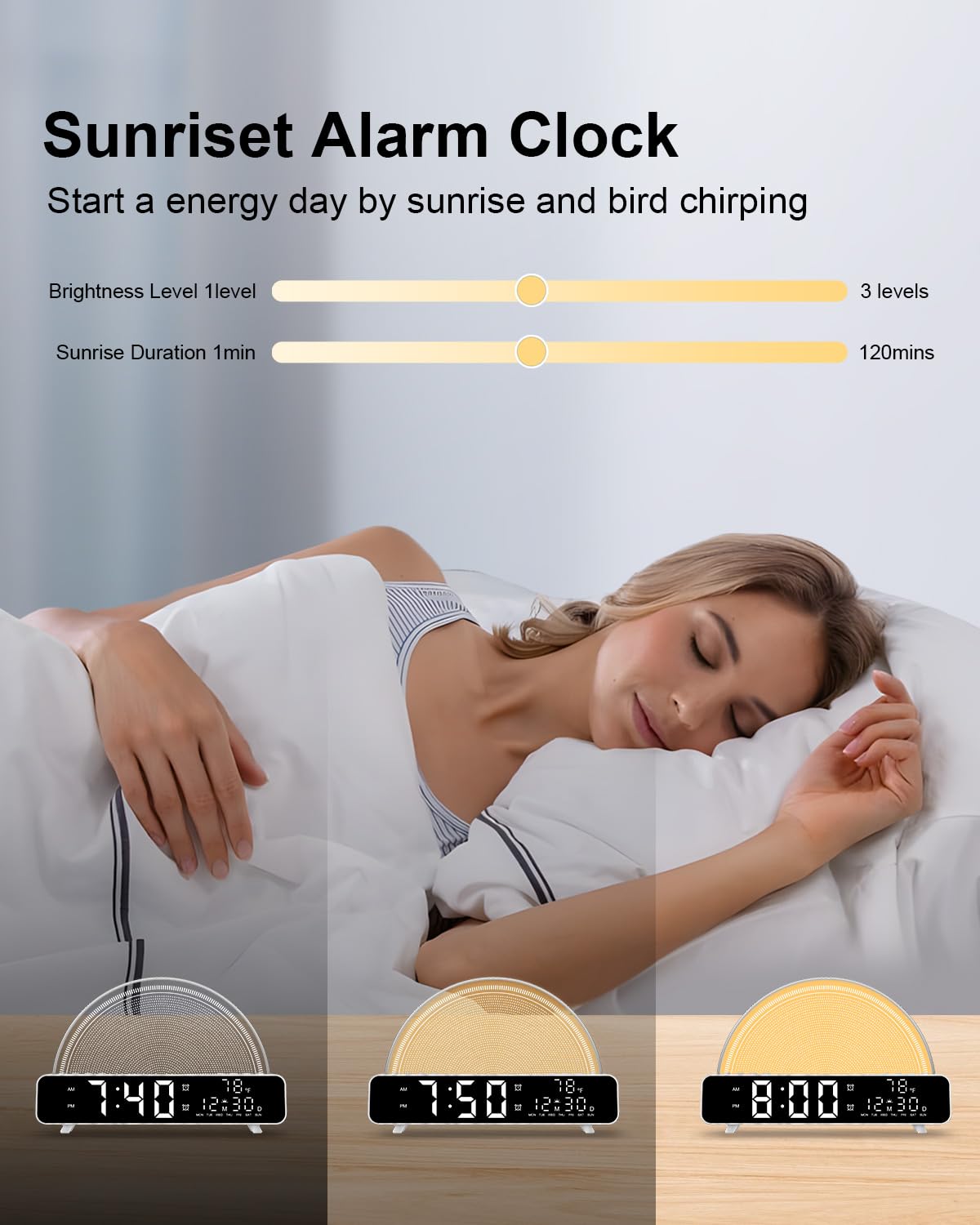 HAODINGMAI Sonnenaufgangswecker, Aufwachlicht mit Sonnenaufgangssimulation, weißes Rauschen, Touch-Steuerung, Nachttischlampen, Farben, Stimmungslampe, 30/60/90, Schlaf-Timer, 13 Naturgeräusche