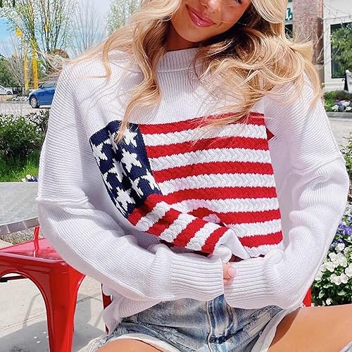 Image of KMBANGI Women American Flag Sweater Graphic Loose Vintage Long Sleeve Crewneck Knitted Jumper Top Patriotic Pullover