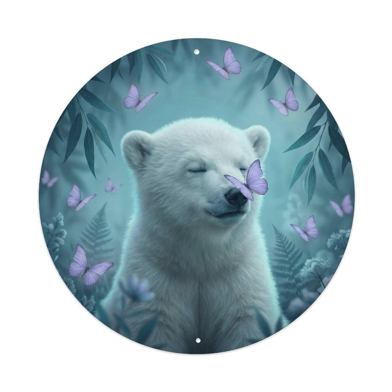 Polar Bear Cub Zen Arctic Wildlife Winter Calm Portrait Metal Tin Sign Plaque Wall Decor for Cafe, Man Cave, Club Bar, Office, Home Garden Round Metal Poster 8x8Inch