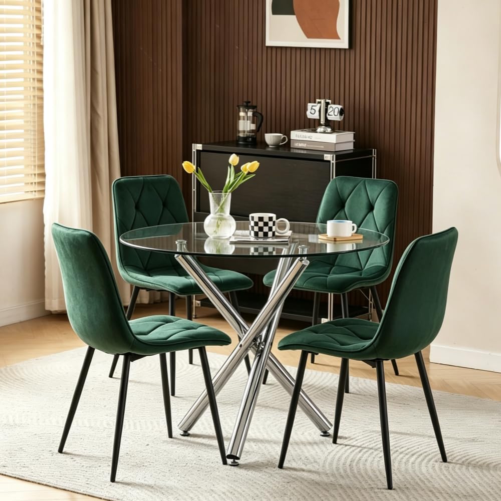 Pantanal 90cm Round Glass Dining Table and Green Velvet Chairs Set of 4, Modern 5 Pieces Compact Kitchen Table with 4 Elegant Argyle Grid Chairs for Dinette Restaurant Small Space โ image 1