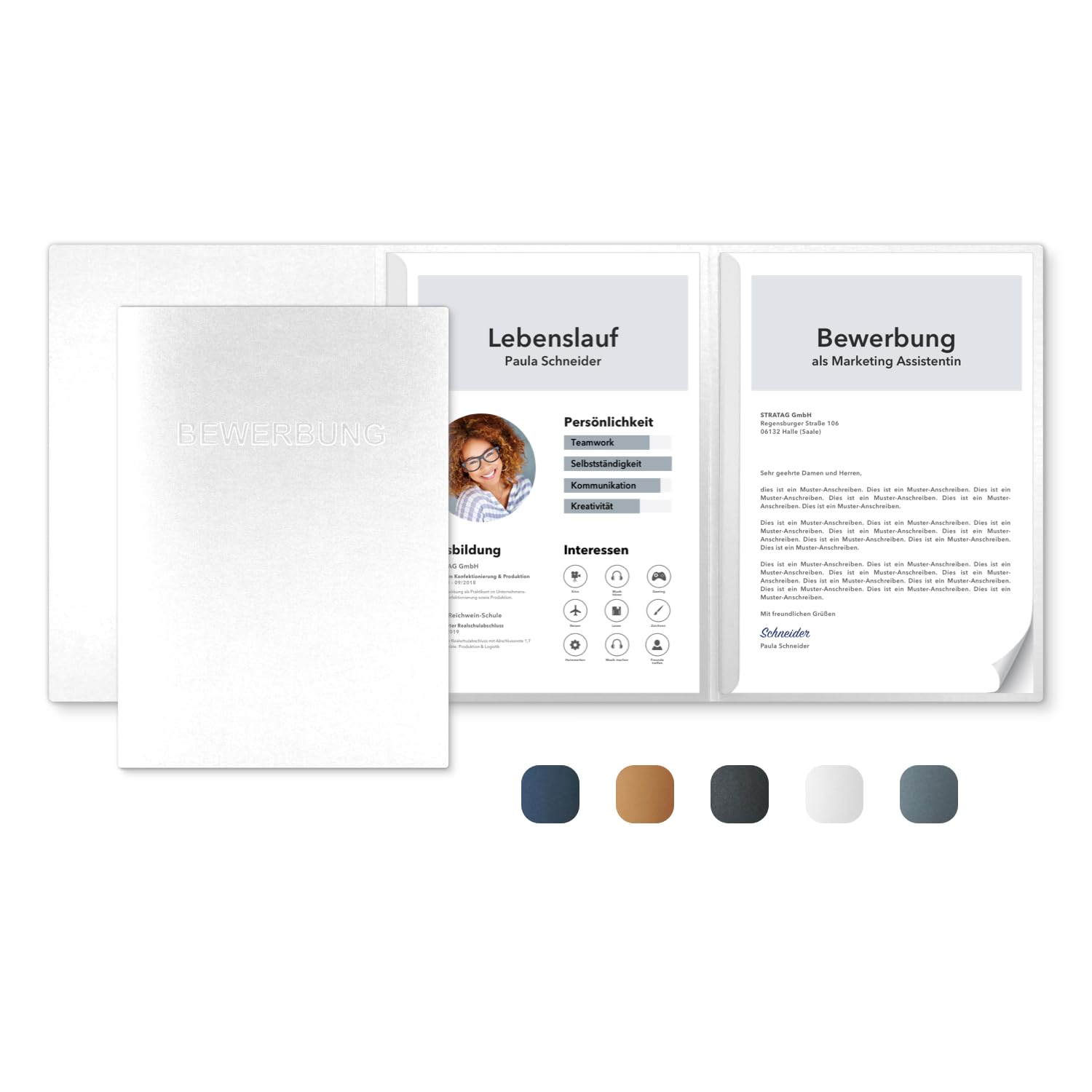 20 Stück 3-teilige Bewerbungsmappen Kristall-Weiß Metallic - inkl. 20 Versandumschläge in Weiß - Premium-Qualität mit hochwertiger Prägung BEWERBUNG - direkt vom Hersteller STRATAG