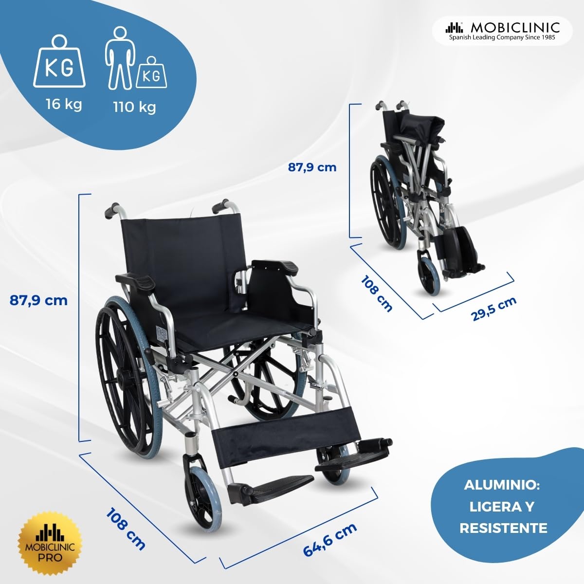 Mobiclinic®, Silla de ruedas, Plegable, Ligera, Sistema subebordillos, Freno estacionamiento, Modelo ópera, Aluminio, Macizas, Reposabrazos abatibles, Reposapiés extraíbles, Ergonómica