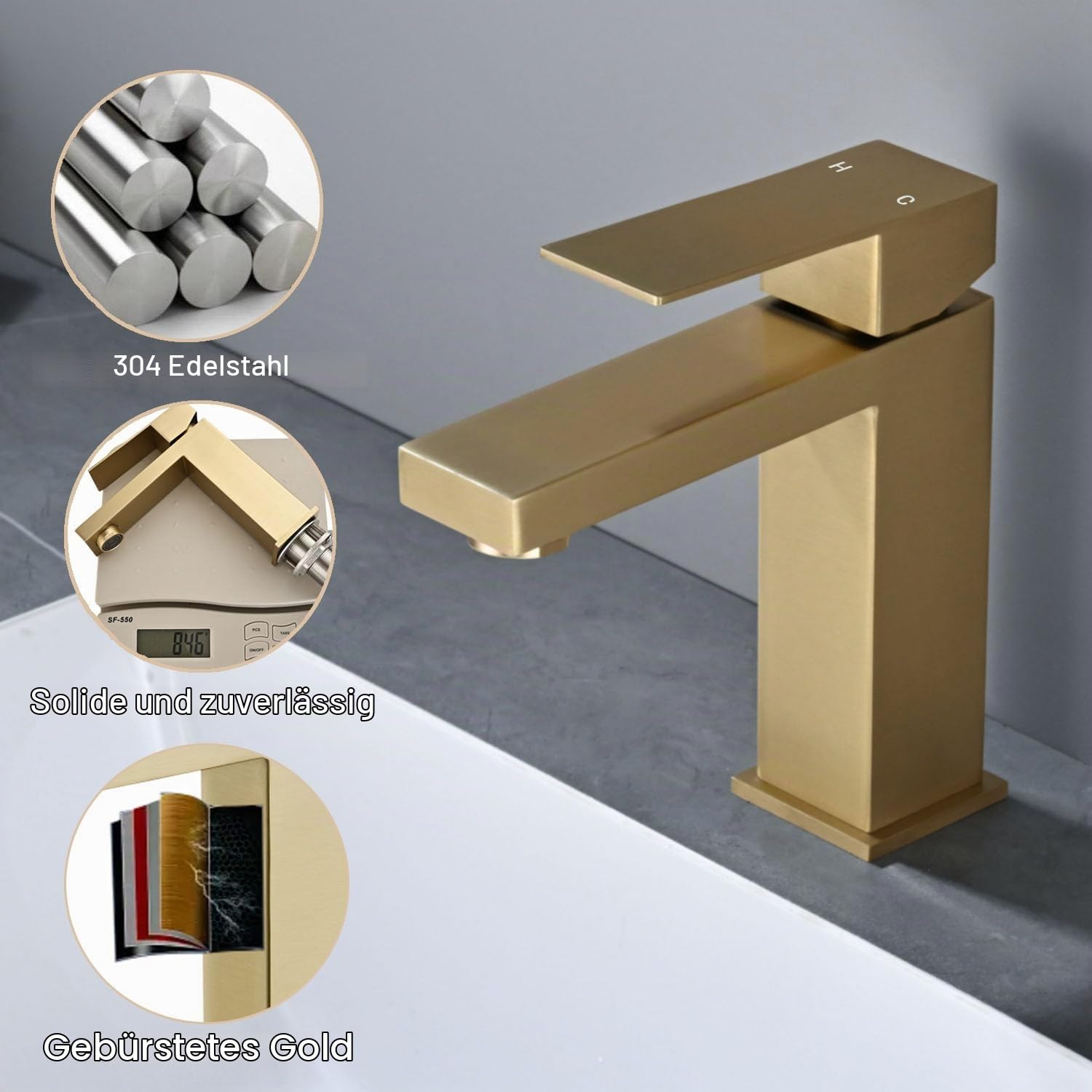 Waschtischarmatur Bad Gold aus Edelstahl 304 für Waschbecken