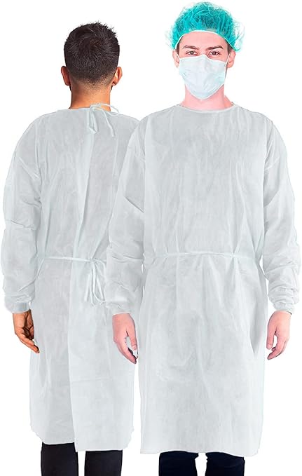 MEDD MAX WE SUPPLY WE CARE Disposable Isolation Gowns with Long Sleeve, Elastic Cuffs, Fully Closed Double Tie Back Lightweight Breathable, Fluid Resistant, Unisex, White (Pack of 50)
