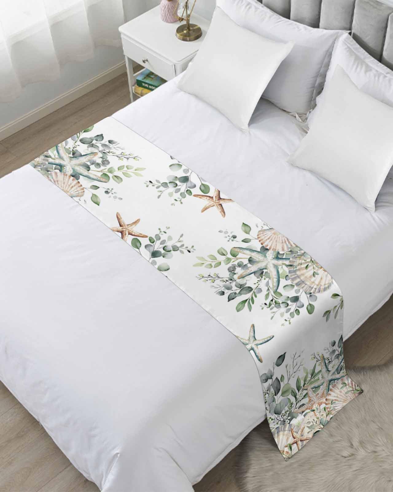 Sage Green Eucalyptus Bed Runner for King Size, Summer Starfish Coastal Bedspread Protector Slipcover Bed Scarf for Foot Runners & Scarves for Bedroom Hotel Wedding Room 102x20 Inches