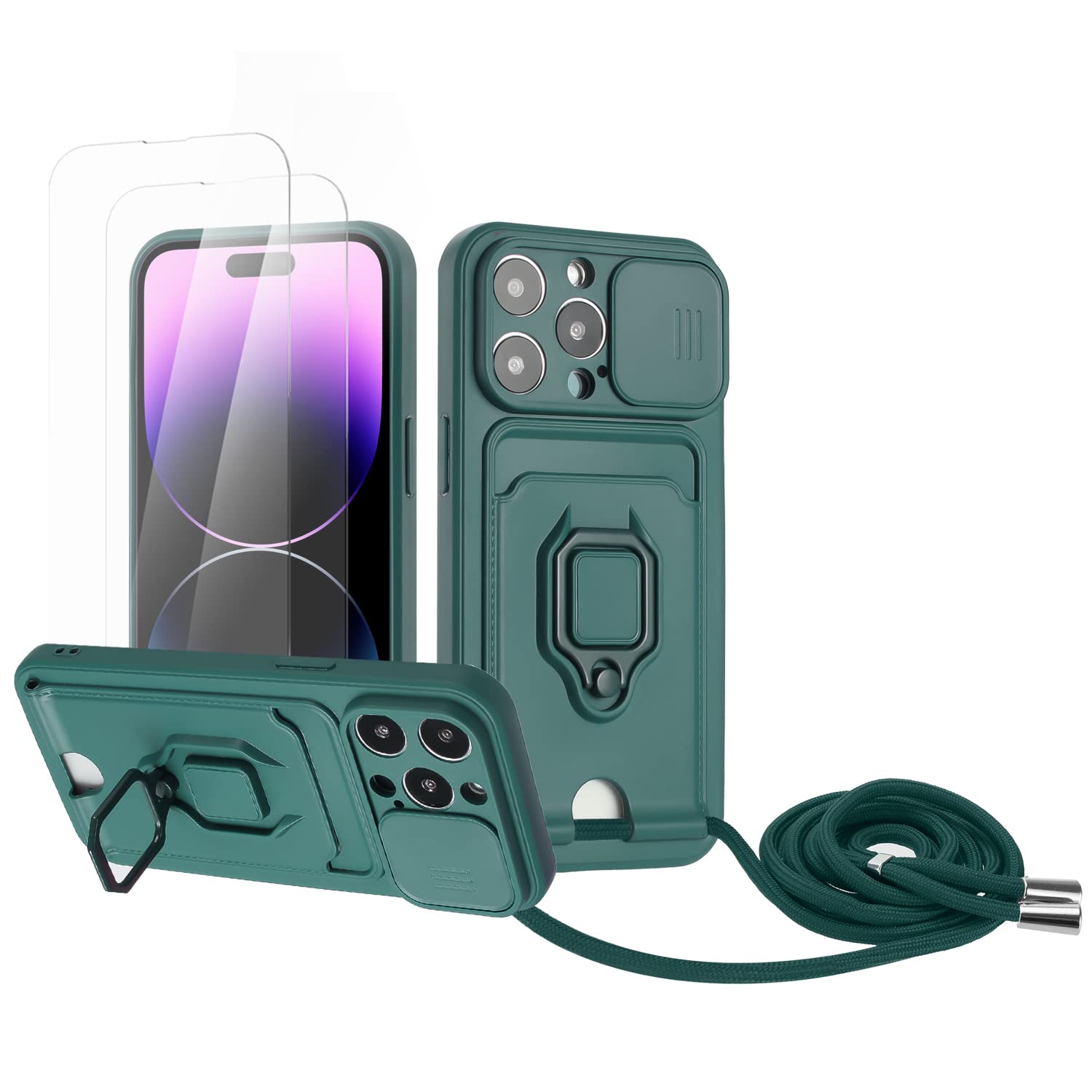 Zallagre Funda con Cuerda Compatible con Redmi Note 13 Pro 5G,[2 Packs Cristal Templado],Ranura para Tarjetas,Cubierta de Cámara Deslizante Proteger,360 Anillo Soporte-Morado — view 9