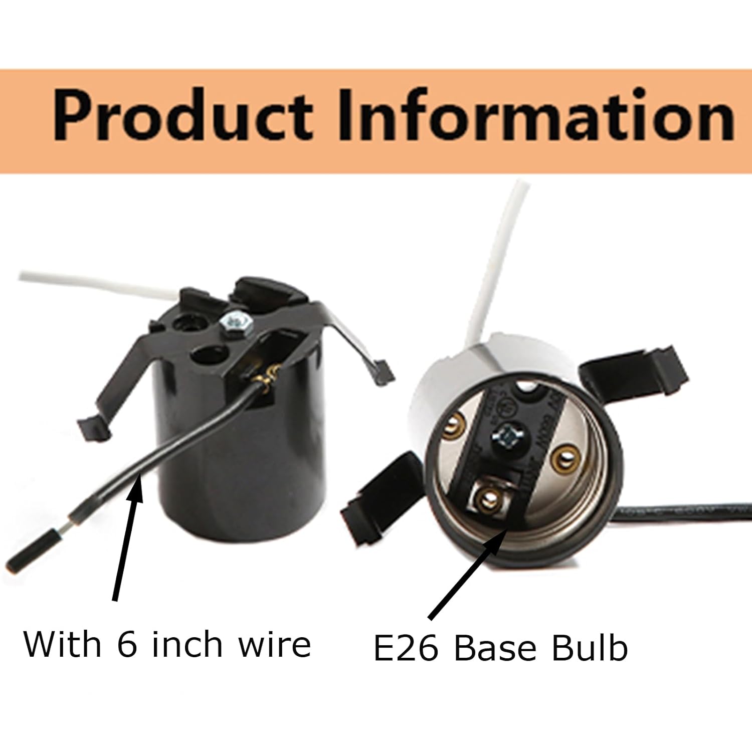 TWDRTTD Phenolic (Bakelite) Medium Base E26 Fixture Socket, US Standard Lamp Holder for E26 Edison Screw led, Incandescent Bulbs, One-Piece Keyless with Butterfly Clip, Black (3 Pack)