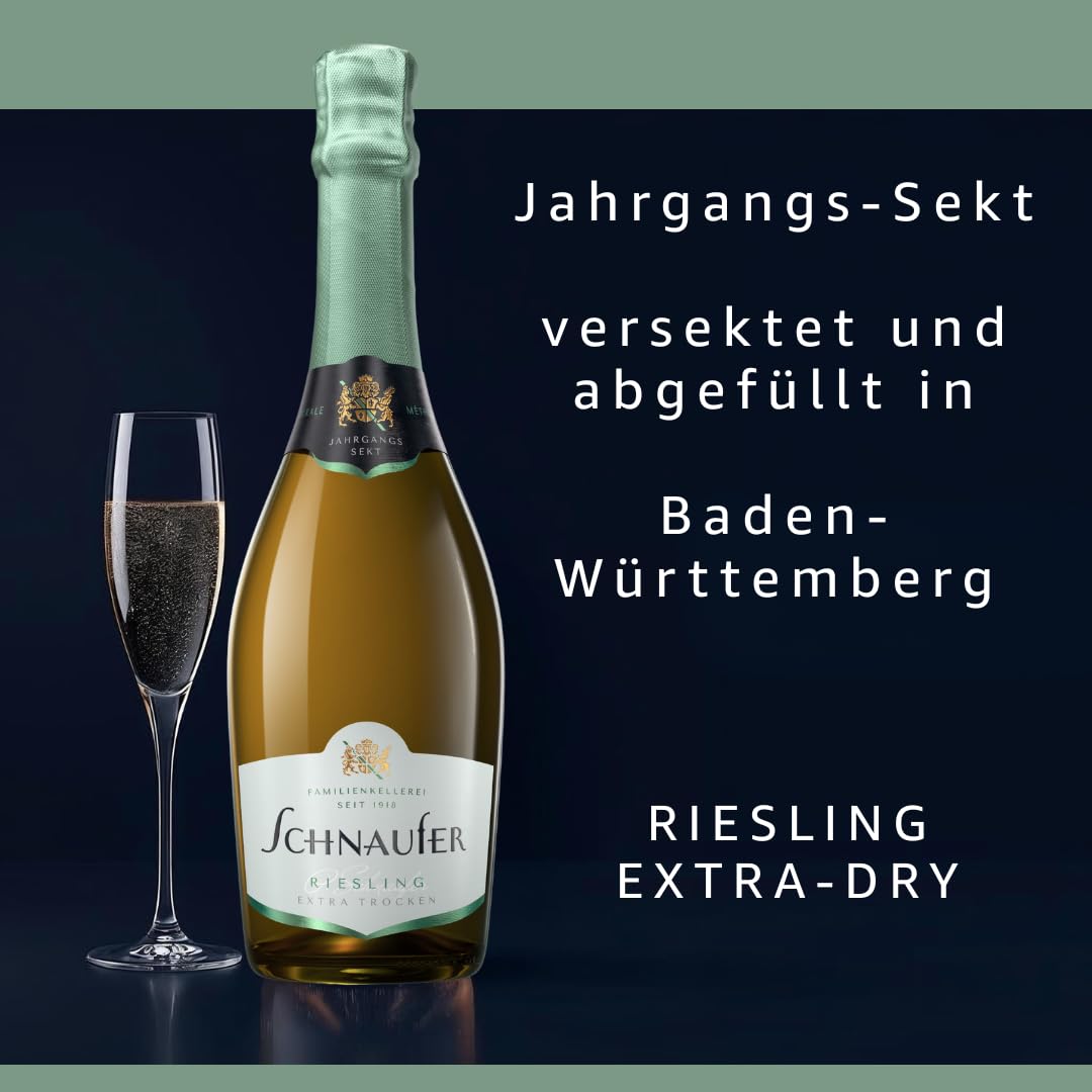Schnaufer Riesling Extra Trocken Jahrgangssekt – Prämierter Sekt mit Pfirsich & Apfelnoten – Feinperlig & Frisch – Familienkellerei seit 1918 aus Baden-Württemberg (6 x 0,75L)