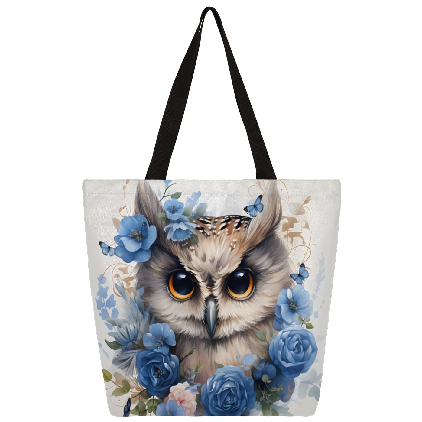 Mularoka Cute Owl Wreath Watercolour Large Capacity Canvas Tote Bag Stylish Handheld Shoulder Bag Reusable Shopping Bag for Work Travel Beach Trips Shopping
