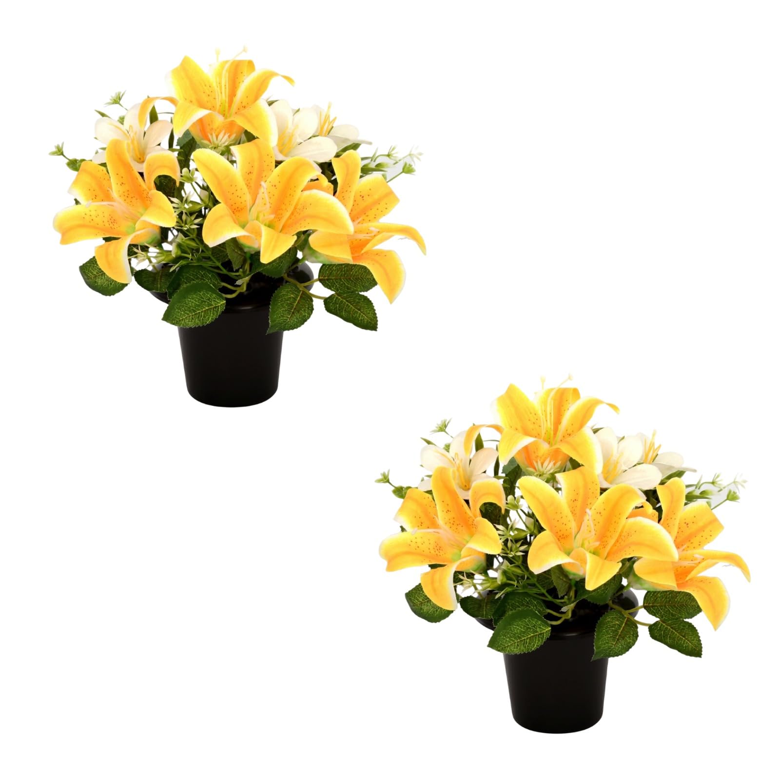 Homesecret Yellow Lillies Pack 2 Artificial Flowers For Graves 25Cm | Flower Pots | Perfect For Enhancing Memorial & Cemetery Decor | Improved Design For Funeral Elegance & Lasting Tribute.
