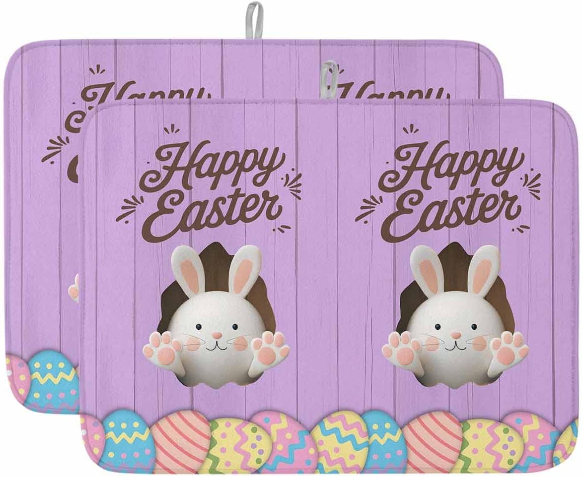 Purple Easter Dish Drying Mat for Kitchen Counter, Microfiber Dishes Drainer Mat Rack Pad, Spring Cartoon Bunny Colorful Eggs Wood Grain Absorbent Dish Bottle Drying Mats, 18''x24'', 2 Pack