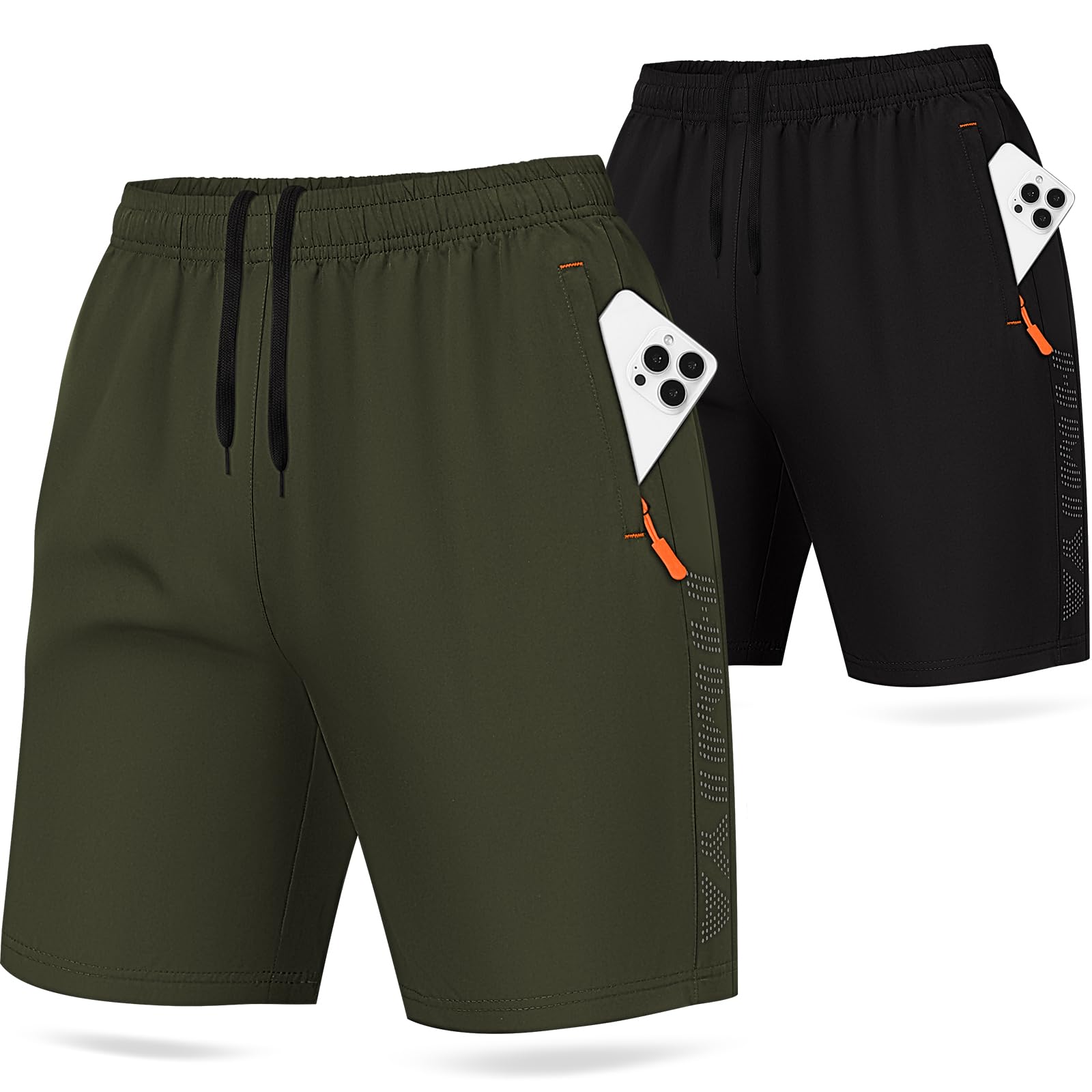 HMIYA 2er Pack Sporthose Herren Kurz Sport Shorts Sommer Laufhose Trainingshose mit Reißverschlusstasch