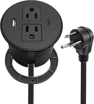 Desk Power Grommet USB C Total 30W, 3.15 Inch PD Fast Charge Desktop Power Strip 2 Outlets 2 USB Ports Recessed Flat Plug Extension Cord Mount into Countertop Shelf Cabinet End Table. Black