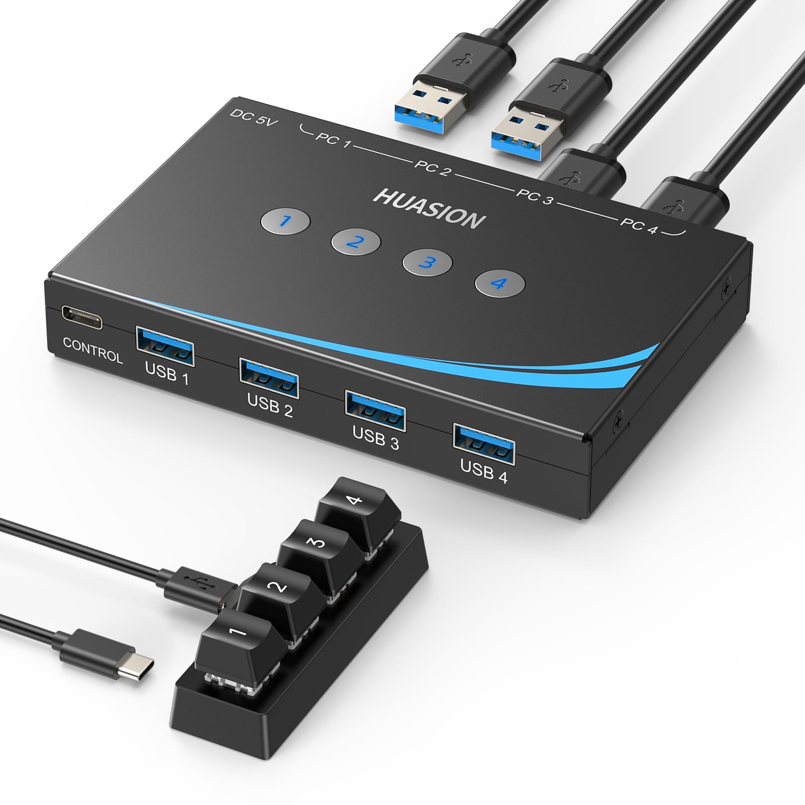 Interruptor USB 3.0, 4 ordenadores, compartiendo 4 periféricos USB, mouse, teclado, escáner, impresora con conector de auriculares de 3,5 mm, salida de audio, incluye 4 cables USB 3.0 y controlador de