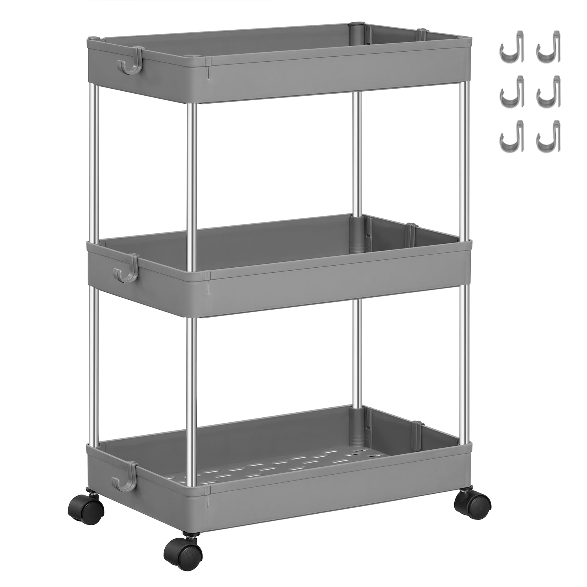 SONGMICS Rollwagen, Küchenwagen, Küchenregal, Nischenregal, mit 6 Haken, 360° drehbare Räder, Stahlgestell, Bad, Küche, Büro, 3 Ebenen, grau KSC009G01