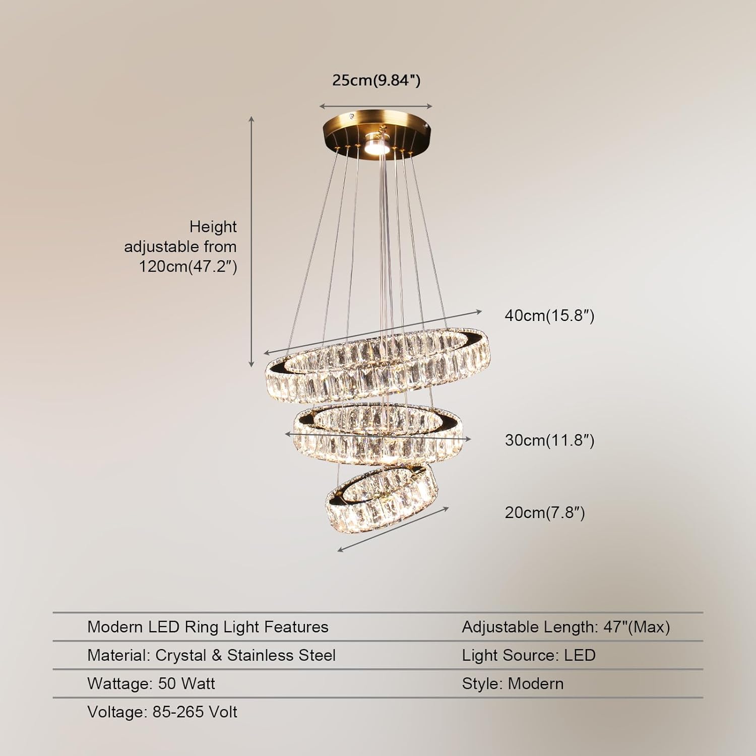 FRIXCHUR Dimmable Modern LED Chandelier 3 Ring Pendant Light Crystal Chandelier for Dining Room Living Room Bedroom,3 Colors Adjustable