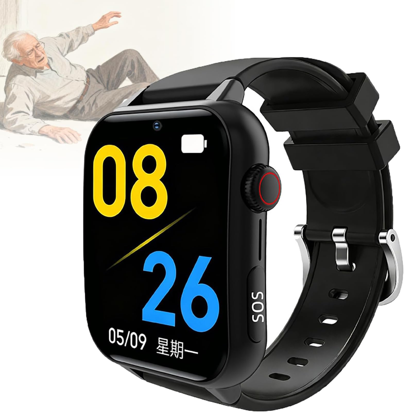 Orologio intelligente con rilevamento di cadute per anziani, chiamate bidirezionali, localizzatore GPS, allarme SOS medico, impermeabile IP67, monitoraggio della salute per la sicurezza degli anziani