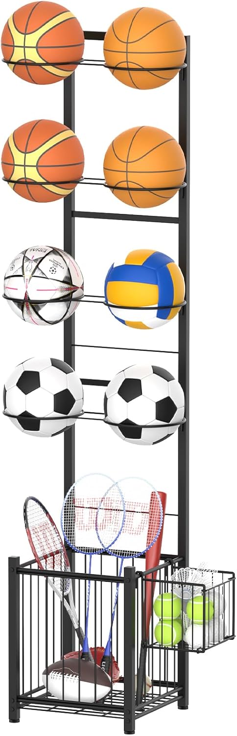 NOVIMANGO 5-Tier Vertical Ball Storage Rack with Baskets - Garage Organizer for Basketball, Soccer, Volleyball, Football & More, Black