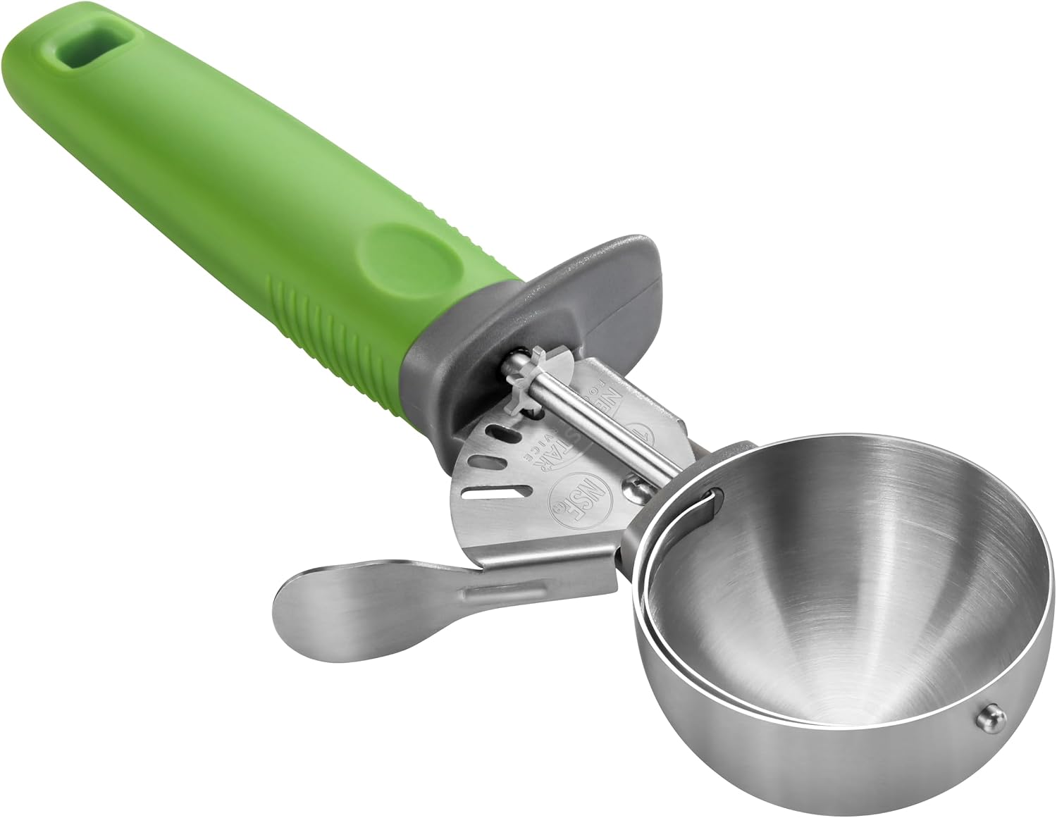 New Star Foodservice Commercial-Grade Thumb Press Food Disher/Ice Cream Scoop, #12, Green Handle, 18-8 Stainless Steel, NSF Certified