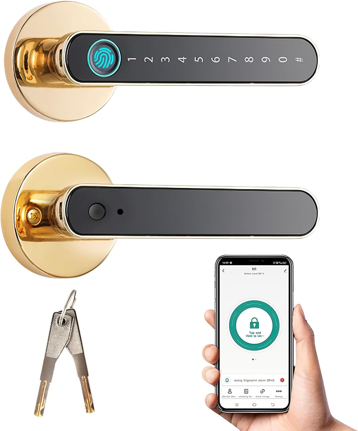 Fingerprint Door Lock Smart Lock with Bluetooth Touchscreen Keypad Deadbolt Lock, APP Control, with Backup Key, Biometric Smart Lock, for Home Hotel Office Apartment Bedroom Gold