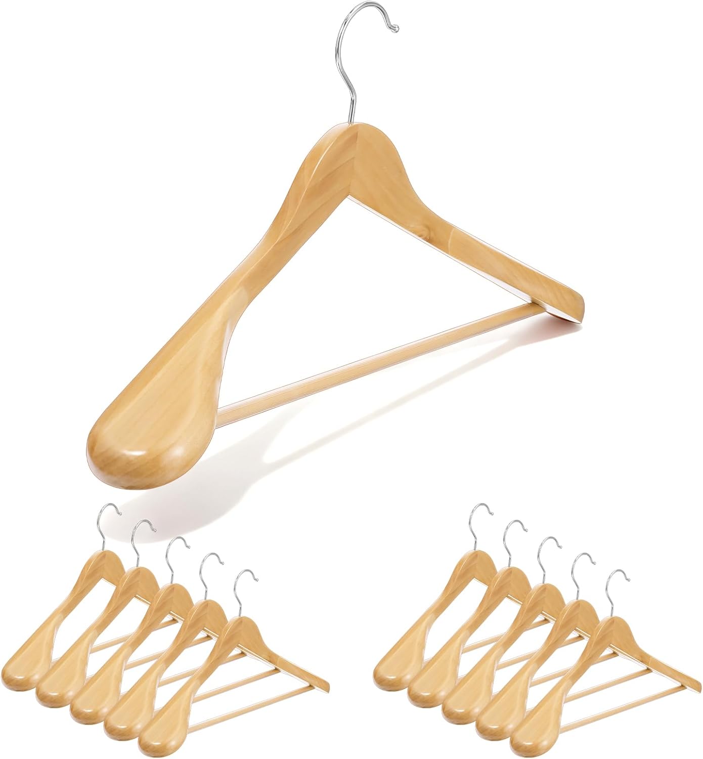 10 Pack Wooden Hangers, Heavy Duty Wide Shoulder Hangers with Non Slip Pants Holder, Solid Wood Jacket Clothes-Hangers with 360 Swivel Hook and Strong Pant Bar for Sweater, Pants, Coats(Natural)