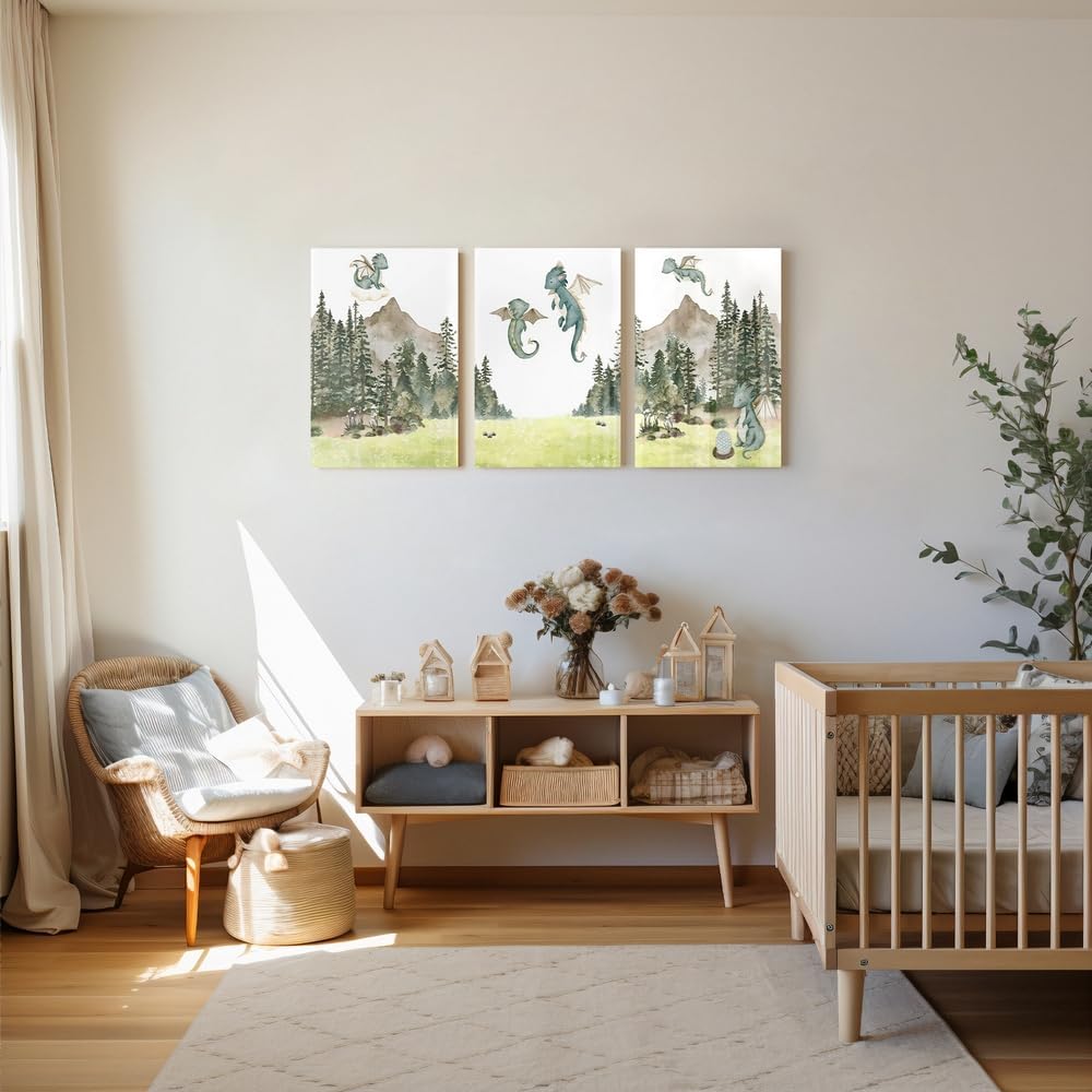 Green Baby Dragon Nursery Wall Decor, Dragon Egg Nursery Print for Baby Boy's Bedroom, Woodland Forest Mountain Wall Art, Nature Animal Art for Kids Room Decor, Framed Set of 3 Canvas, 12"x16"x3