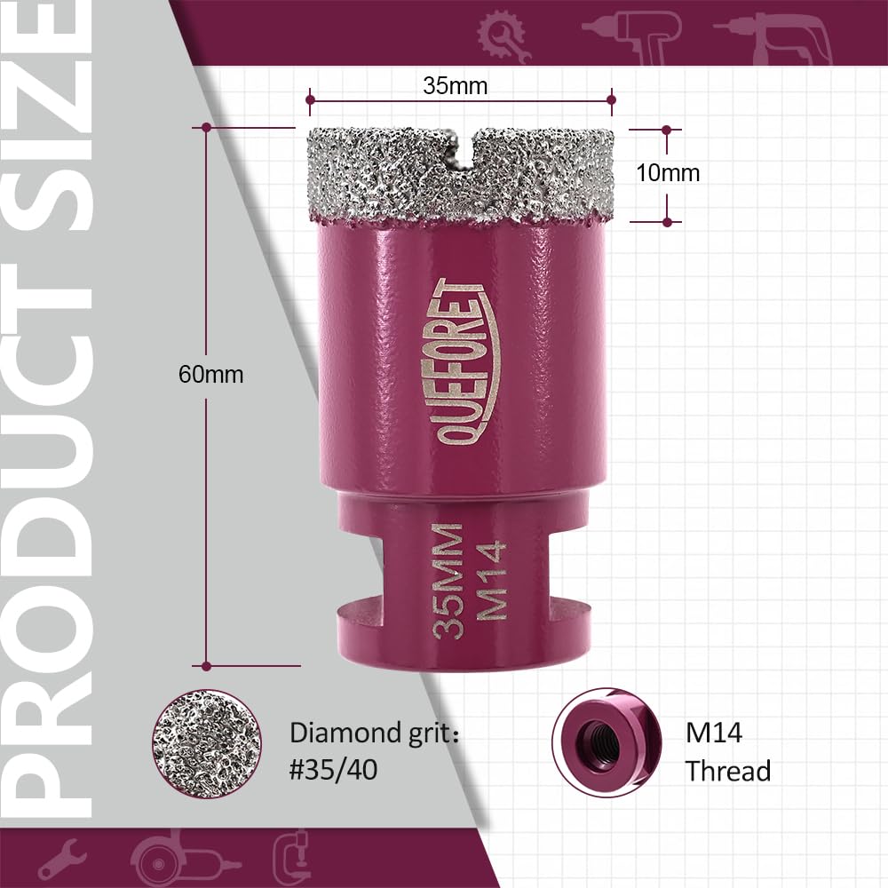 QUEFORET Diamond Drill Bit 35mm x M14 - Diamond Hole Saw for Ceramic Porcelain Tile Marble Granite, Pink, 35 mm x 1 - Image 2