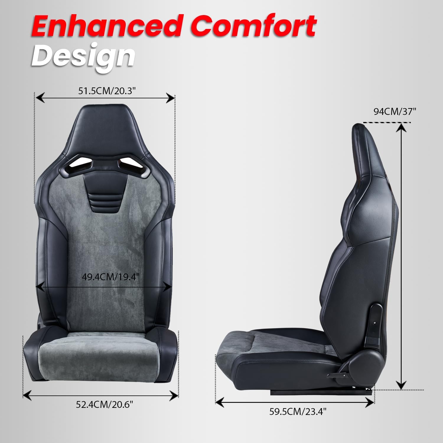 Universal Racing Bucket Seats, 1 Pair SR-C Sport Race Car Seats w/Dual Slider, Black PVC Leather and Grey Suede, 165° Adjustment, Enhanced for Taller Vehicles (SUVs, Vans), Not Including Seat Bracket