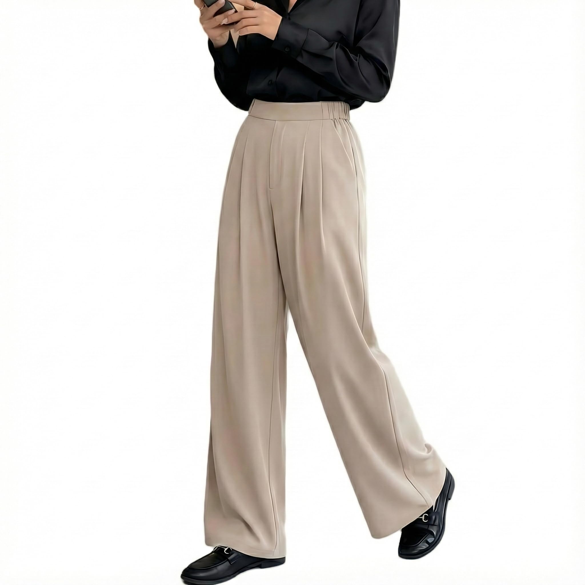 Womens High Waisted Pleated Wide Leg Trousers Flowy Palazzo Pants Business Casual Work Office Slacks with Pockets