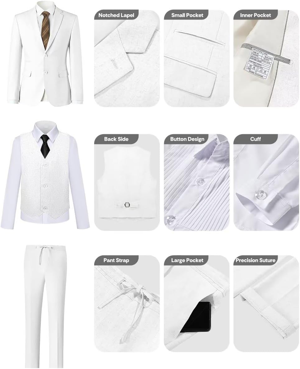 Retro Linen Boys Suit Slim Fit 5 Piece Sets Kids Wedding Outfit Linen Suits Casual Drawstring Tuxedo Set for Boy