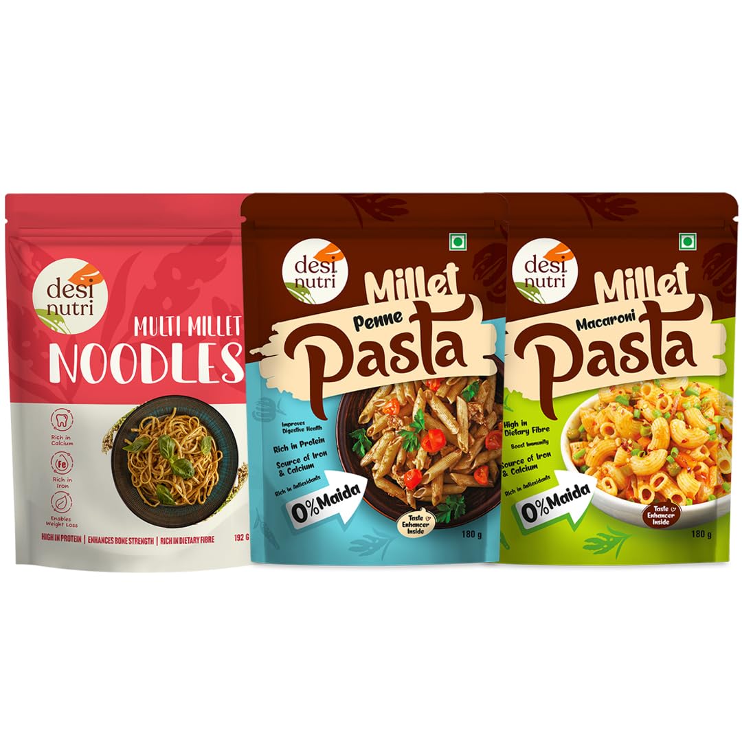 Desi Nutri Millet Penne Pasta 180gms+Macroni Pasta 180gms+Noodles 192gms| No Maida | Goodness of Ragi, Jowar, Bajra & Multi Millets |Rich In Calcium | High Protein | High Fiber | Junk Free (B0CNGK98V4) Amazon Price History, Amazon Price Tracker