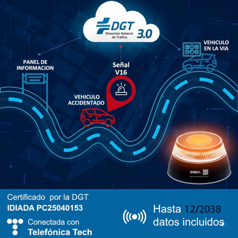 EBOX Luz Emergencia V16 Geolocalizada V16loT. Homologada DGT con Geolocalización, Baliza Coche Conectada DGT 3.0, Datos Incluidos hasta 12/2038,