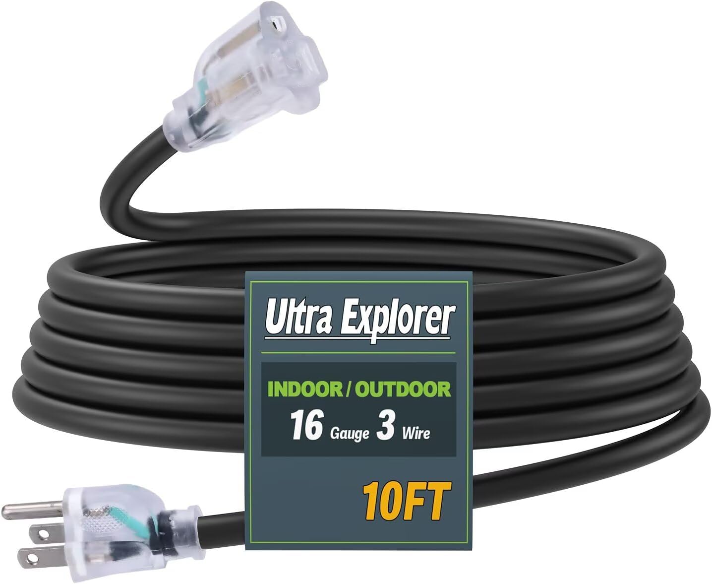 10 Ft Indoor Outdoor Black Extension Cord, 16/3 Heavy Duty Extension Cable, 3 Prong Grounded Plug with Lighted End for Appliance and Lawn, 13A, UL Listed