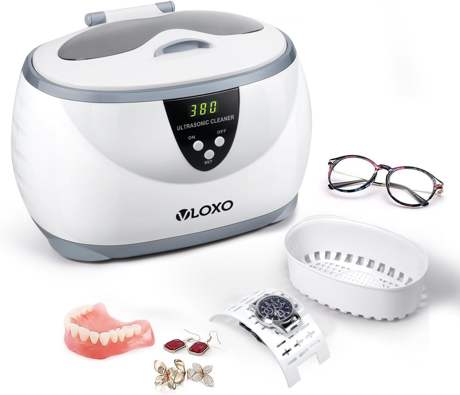 VLOXO CD-3800 Ultrasonic Cleaner with 5 Digital Timer Jewellery Cleaner for Jewellery Necklaces Rings Glasses Watches Coins Dentures with Watch Stand Cleaning Basket(600ML 50W 42000HZ)