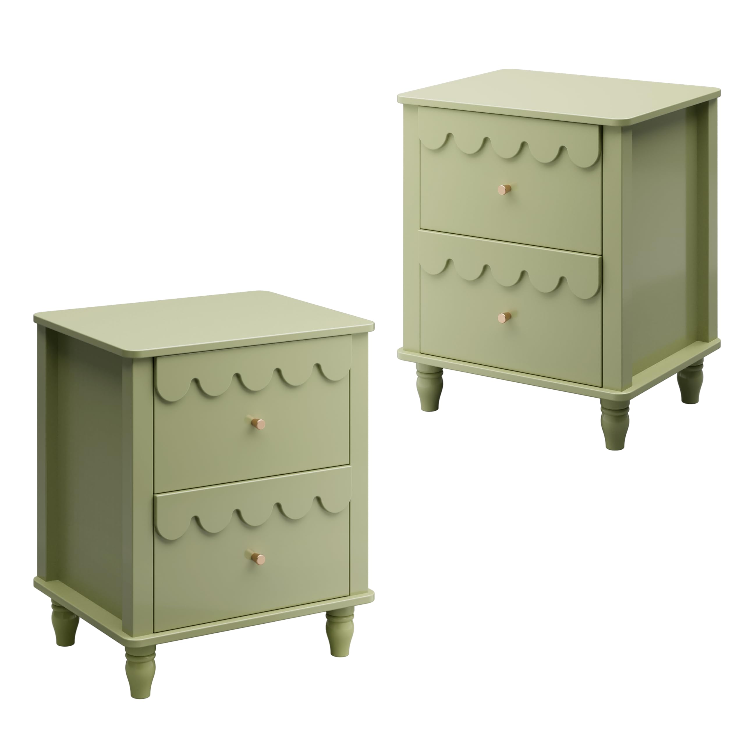 UEV Set di 2 Comodini, Tavolino Laterale con Design a Onde, Tavolino da Divano Colorato, 2 Cassetti Portaoggetti, per Soggiorno, Camera da Letto, Ufficio, 50 x 40 x 60 cm, Verde