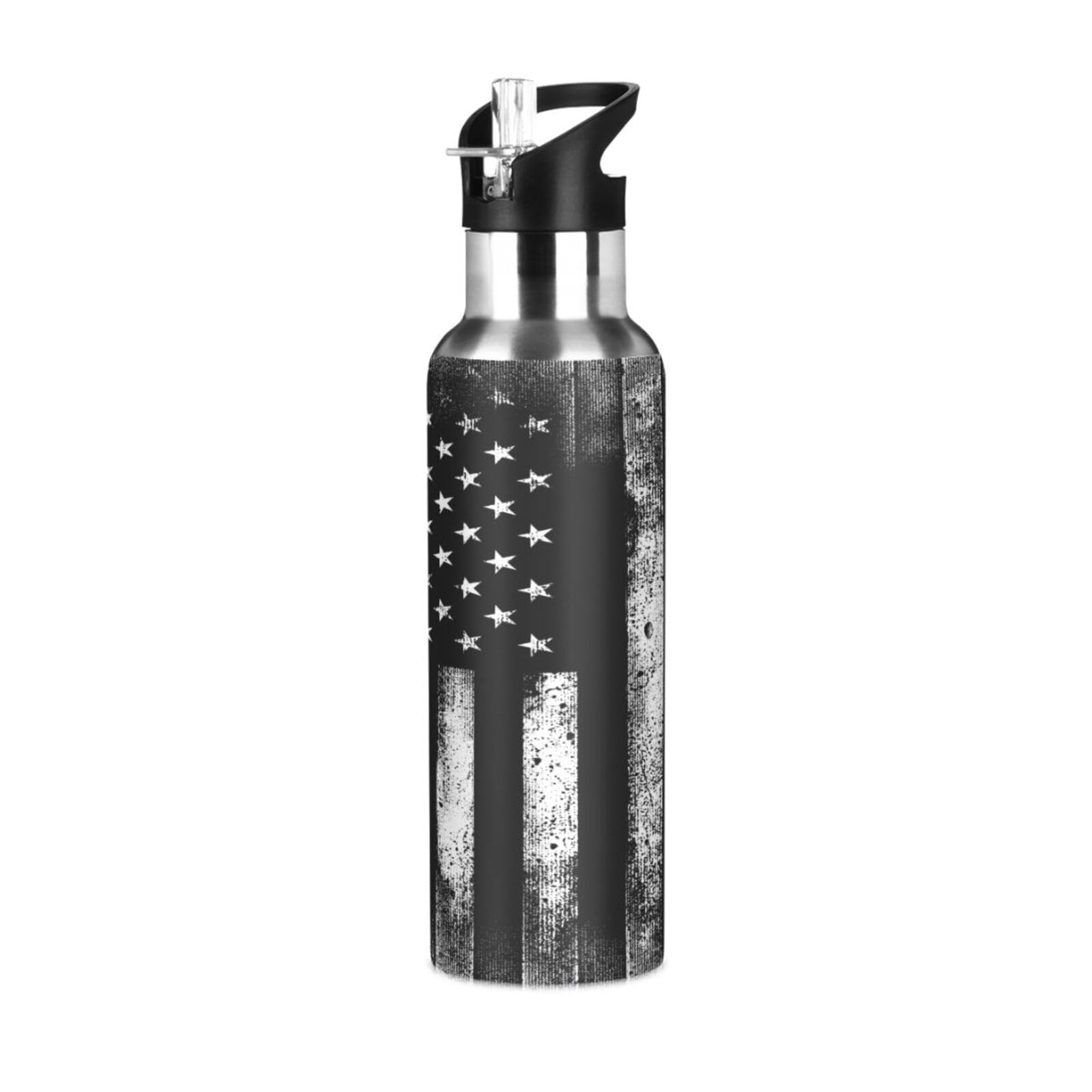 American Flag Black White 20 oz Insulated Water Bottle with Straw, Metal Water Bottle, Stainless Steel Sports & Travel Water Bottles Reusable, Leak