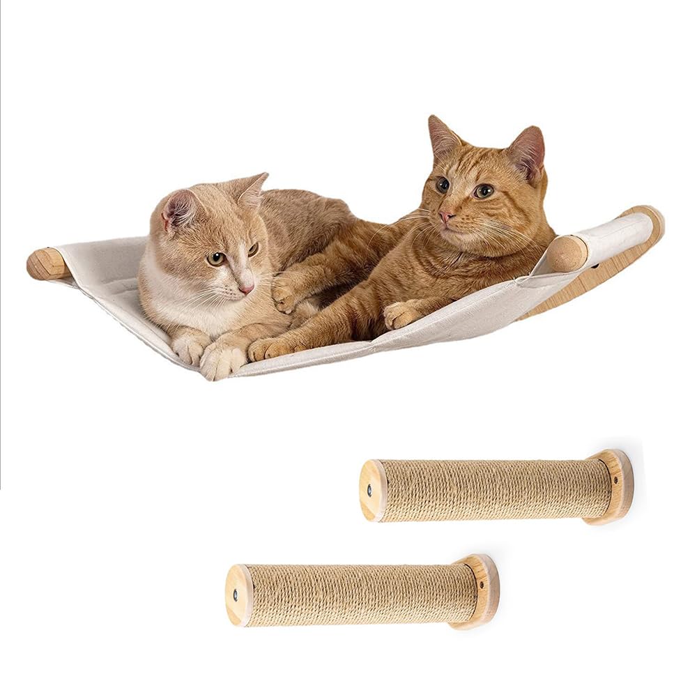 Kletterwand Katzen,53cmx47cm Katzenhängematte & 2 Kratzbaum, Kängematten Katzen Wand Bis Zu 10 Kg,Katze wandelement Schlafen Und Ausruhen,Katzenbett Zum Klettern Aus Natur-Holz (Beige)