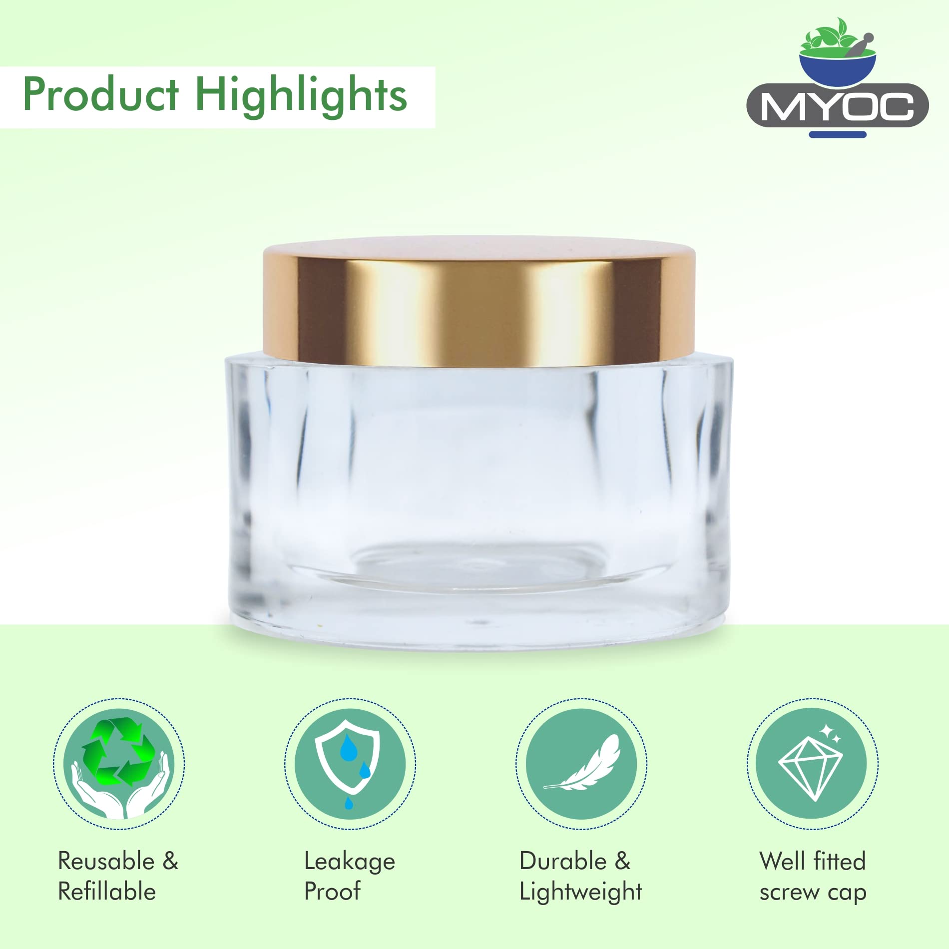 MYOC Empty Transparent Oval Acrylic San Jars with Golden Caps for Lip Balm, Lip Scrub, Creams, Pigments, Leakproof, Reusable Cosmetic Container for Makeup & DIY Beauty Products - 15gm(Pack of 8) 2