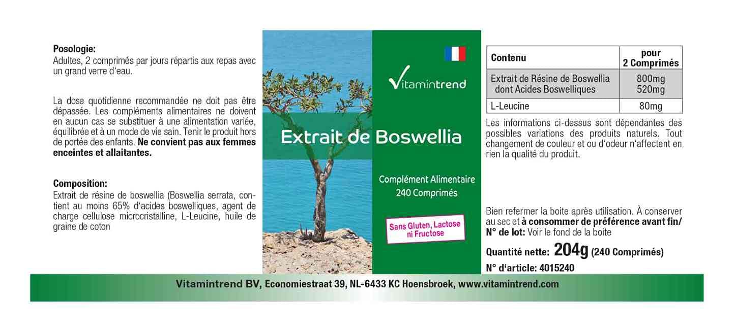 Vitamintrend Extrait de Boswellia, 240 comprimés, standardisé en acides boswelliques, complément alimentaire végan sans stéarate de magnésium, fabriqué en Allemagne