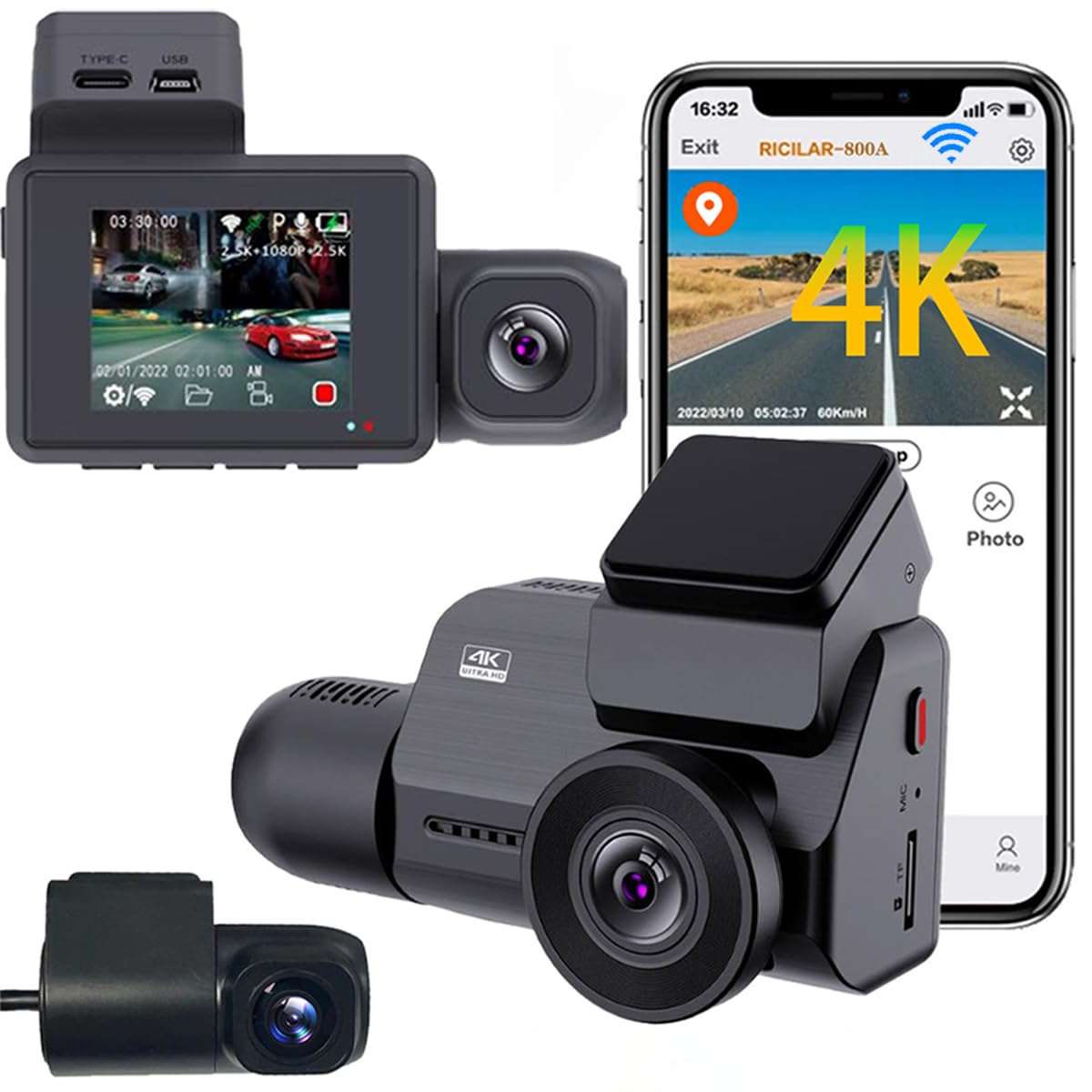 Styerpafa Dash Cam 3 Channel with WiFi GPS, 4K+2K+1080P HD Dash Camera for Cars, G Sensor, Infrared Night Vision, Motion Detection, Capacitor, 24 Hours Parking Mode, Support 256GB Max