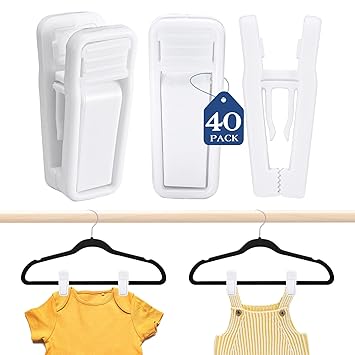 HOUSE DAY Plastic Hanger Clips for Baby Clothes, Strong Plastic Clips for Hangers, Multi-Purpose Hanger Clips for Velvet Hangers & Slimline Hangers, Hanger Clips for Pants, Skirts, Shorts (40, White)