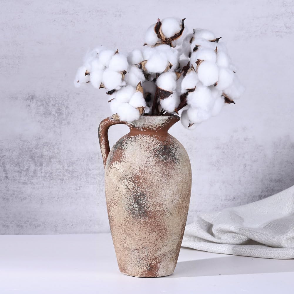 Jarrón de cerámica antigua de 9.3 pulgadas con asa, jarrón de terracota, jarrones de granja, decoración del hogar, estante de libros, sala de estar, entrada, boda, mesa central, diseño de jarrón de