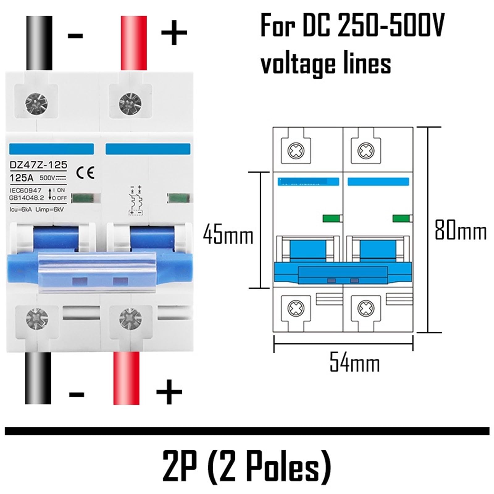 Automatyczny wyłącznik MCB do fotowoltaicznej energii słonecznej DC 1000V/500V 125A 1P 2P 4-biegunowy 80 Amp 100A prąd główny ochrona DZ47Z-125 1 szt. (1,100A)