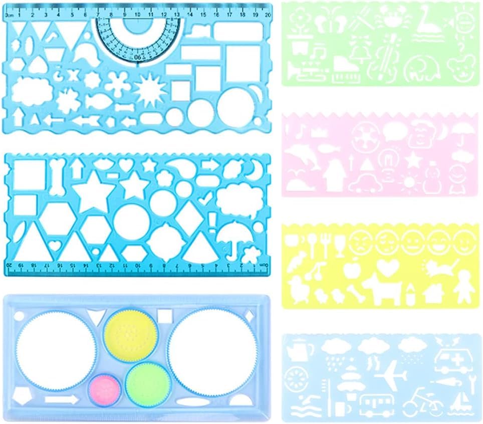 7Pcs Geometric Drawings Templates, Multi Function Plastic Measuring Template Rulers, Drawing Template Stencils Drawing Rulers, Multi Shapes Colorful Drawing Stencils, for Drawin Learning, Blue