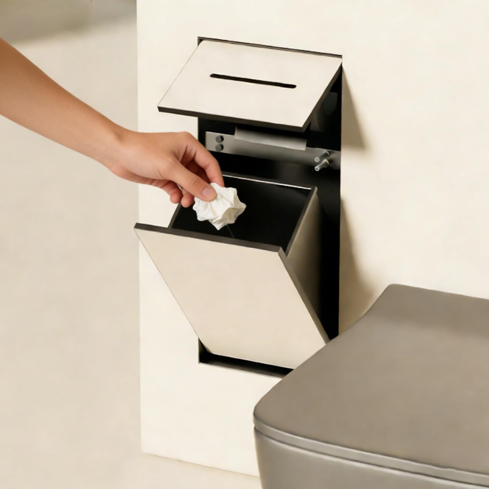 Wall Mounted Bathroom Storage Rack with Hidden Trash Can and Toilet Paper Holder, Tile-Ready Shower Niche Insert