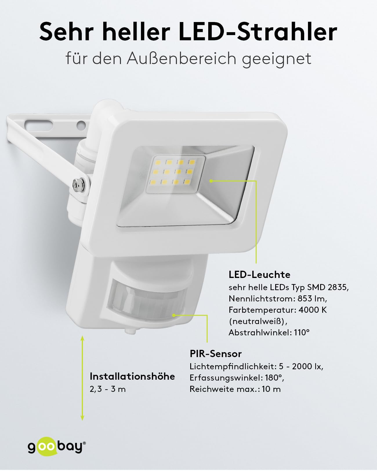 goobay 53878 reflektor LED z czujnikiem ruchu na zewnątrz 10 W/czujnik PIR reflektor zewnętrzny IP44 / neutralne białe światło 850 lm/reflektor LED do montażu na ścianie/reflektor ogrodowy/biały