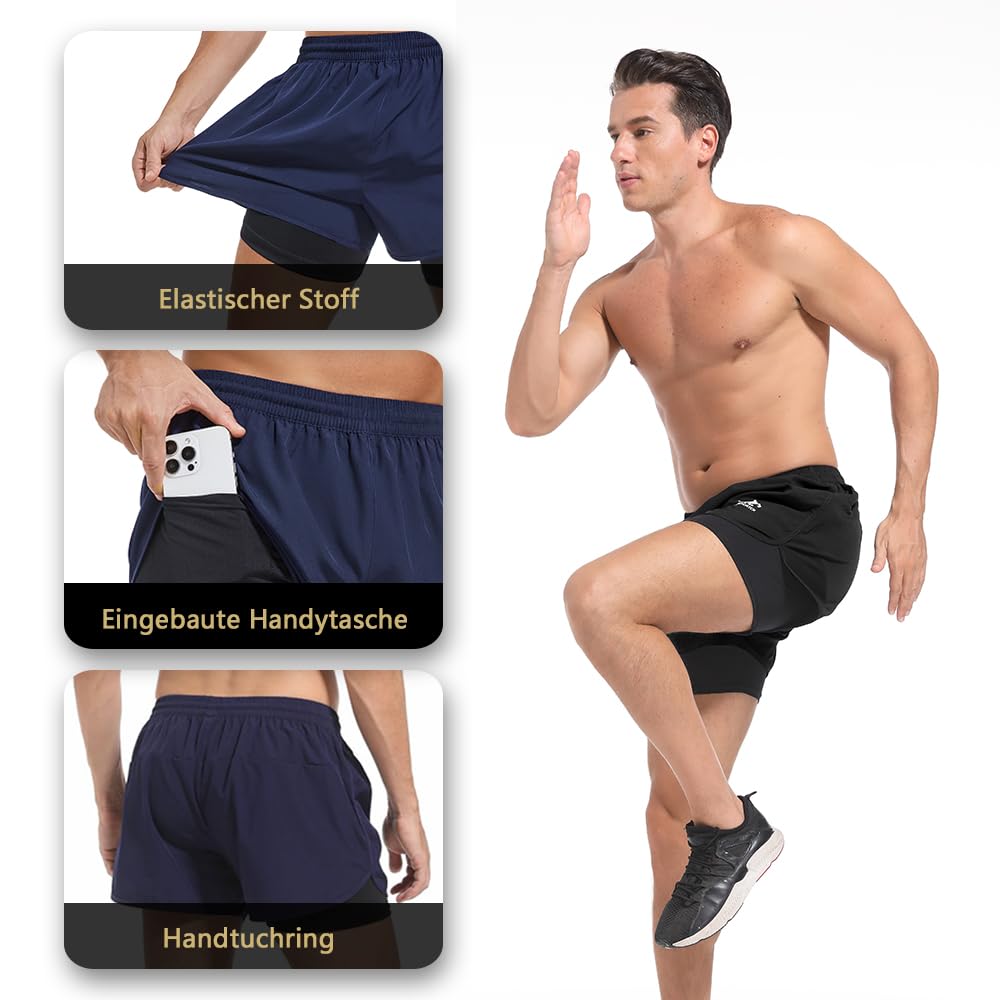 Pantaloncini da corsa da uomo, 2 in 1, per palestra, atletica, attività all'aperto, maratona, allenamento, con tasche integrate
