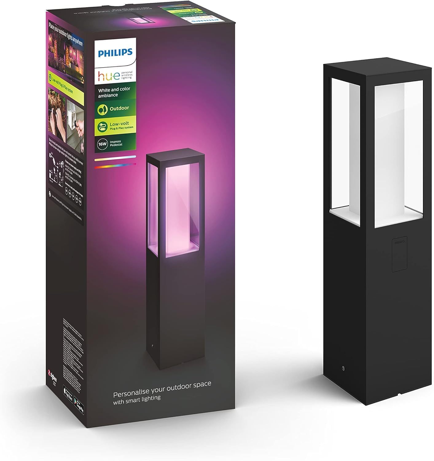 Philips Hue Black Impress White And Colour Ambiance Pedestal [Eu Version - ] Low Voltage. For Outdoor Lighting, Patio, Terrace, Garden.