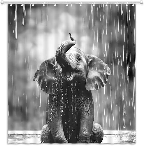 Cortina de ducha con diseño de elefante, diseño de animales salvajes, diseño de gotas de lluvia, tela gris, decoración de baño, con ganchos