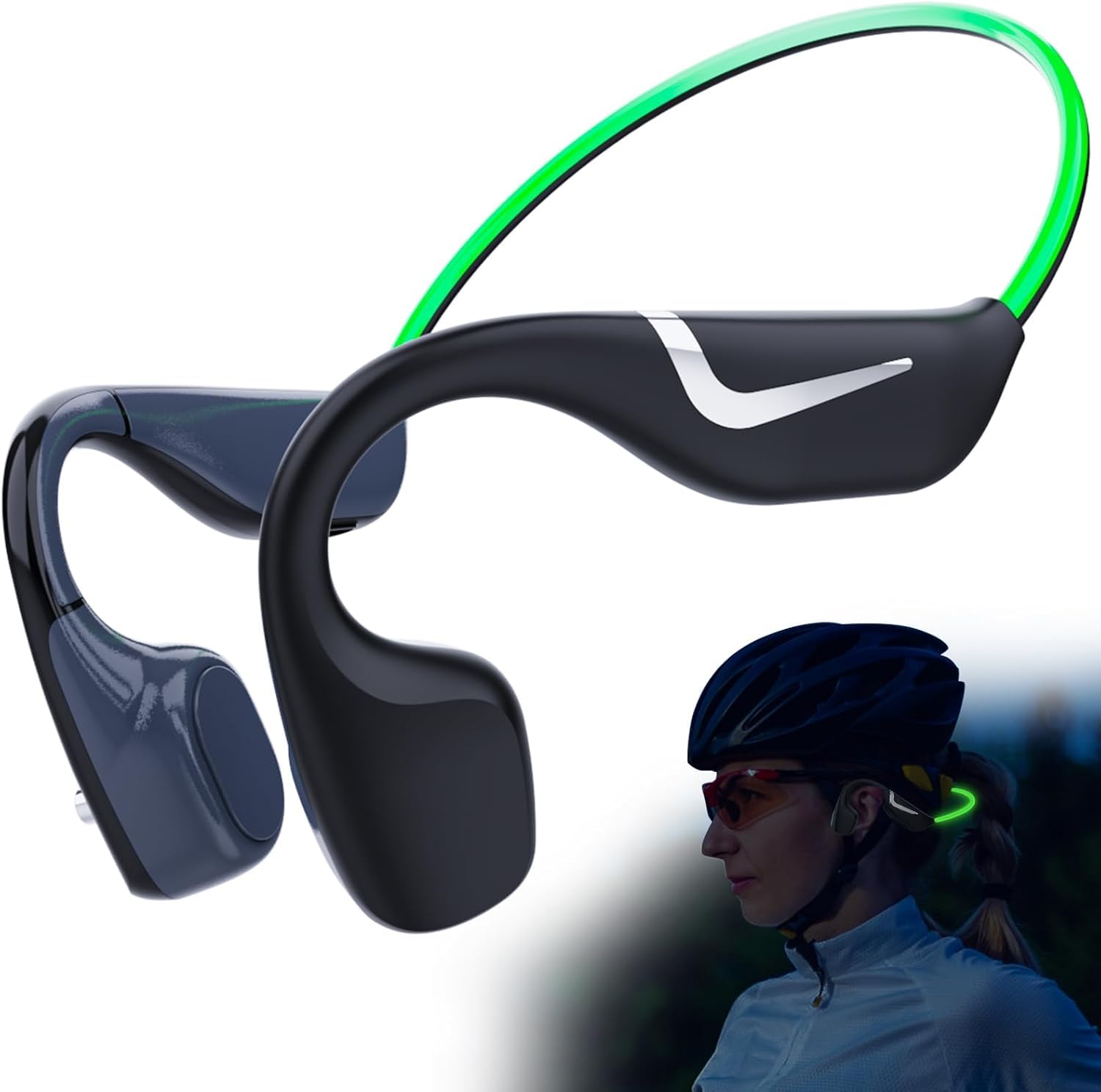 MONODEAL Auriculares conduccion osea, Auriculares inalambricos Deportivos IPX7 a Prueba de Sudor, Bluetooth 5.3 Verde con luz Inteligente, Auriculares oseos 20 Horas de reproducción